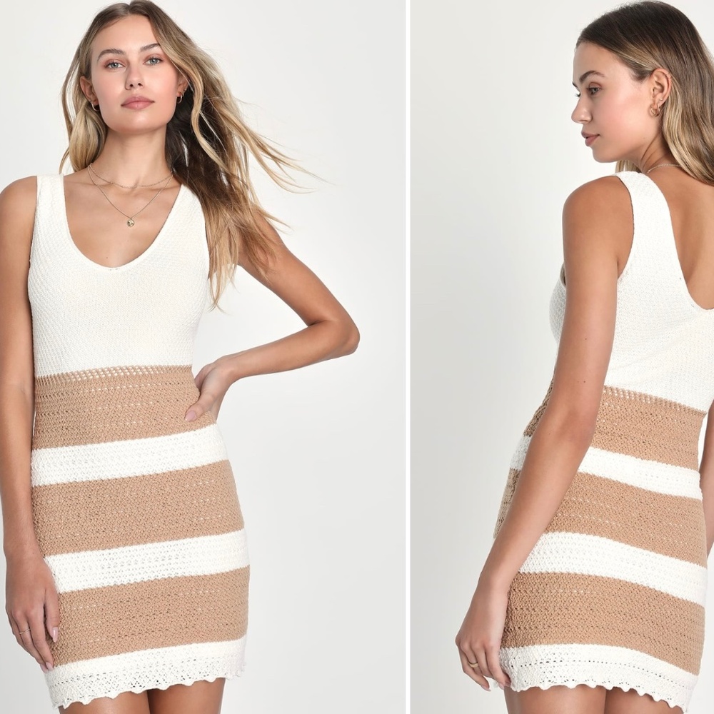 Lulu's Boardwalk Strolls Ivory and Tan Striped Mini Sweater Dress
